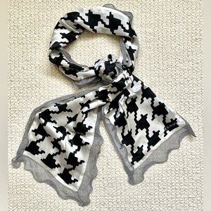 🖤 Echo Silk Scarf | Black & White Houndstooth | Ruffled Edge